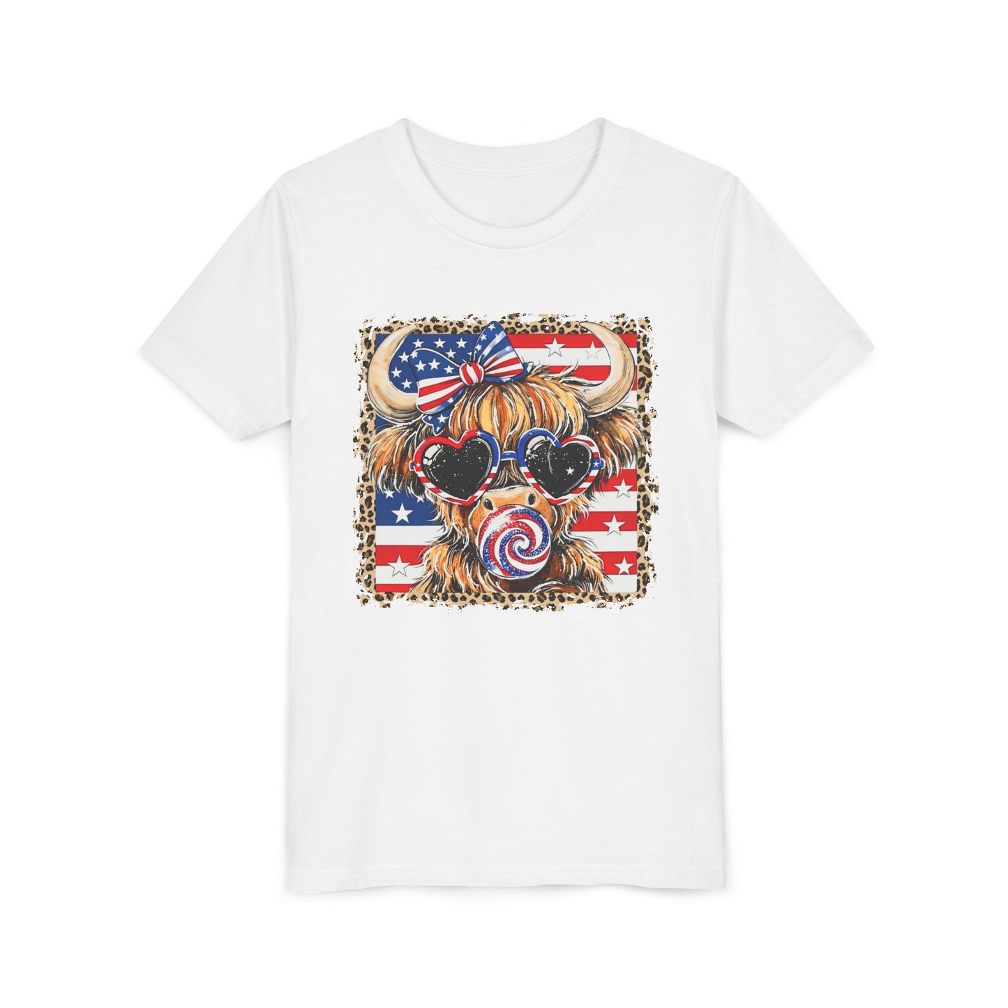 Patriotic Highland Cow Youth Tee — American Flag Bow & Heart Sunglasses