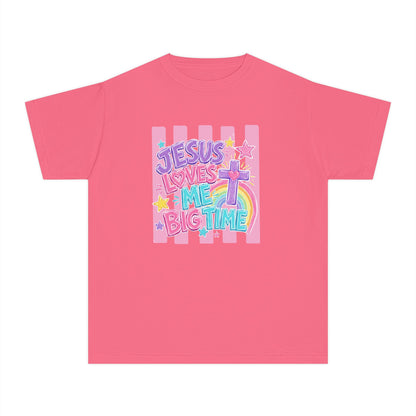 Youth Tee — "Jesus Loves Me Big Time" Pastel Christian Kids Shirt