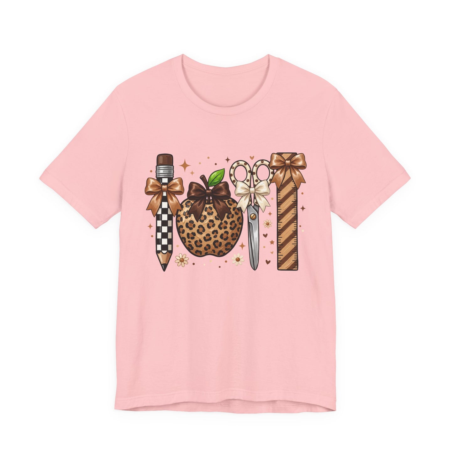 Leopard Apple & School Tools Teacher T‑Shirt — Back to School Graphic Tee