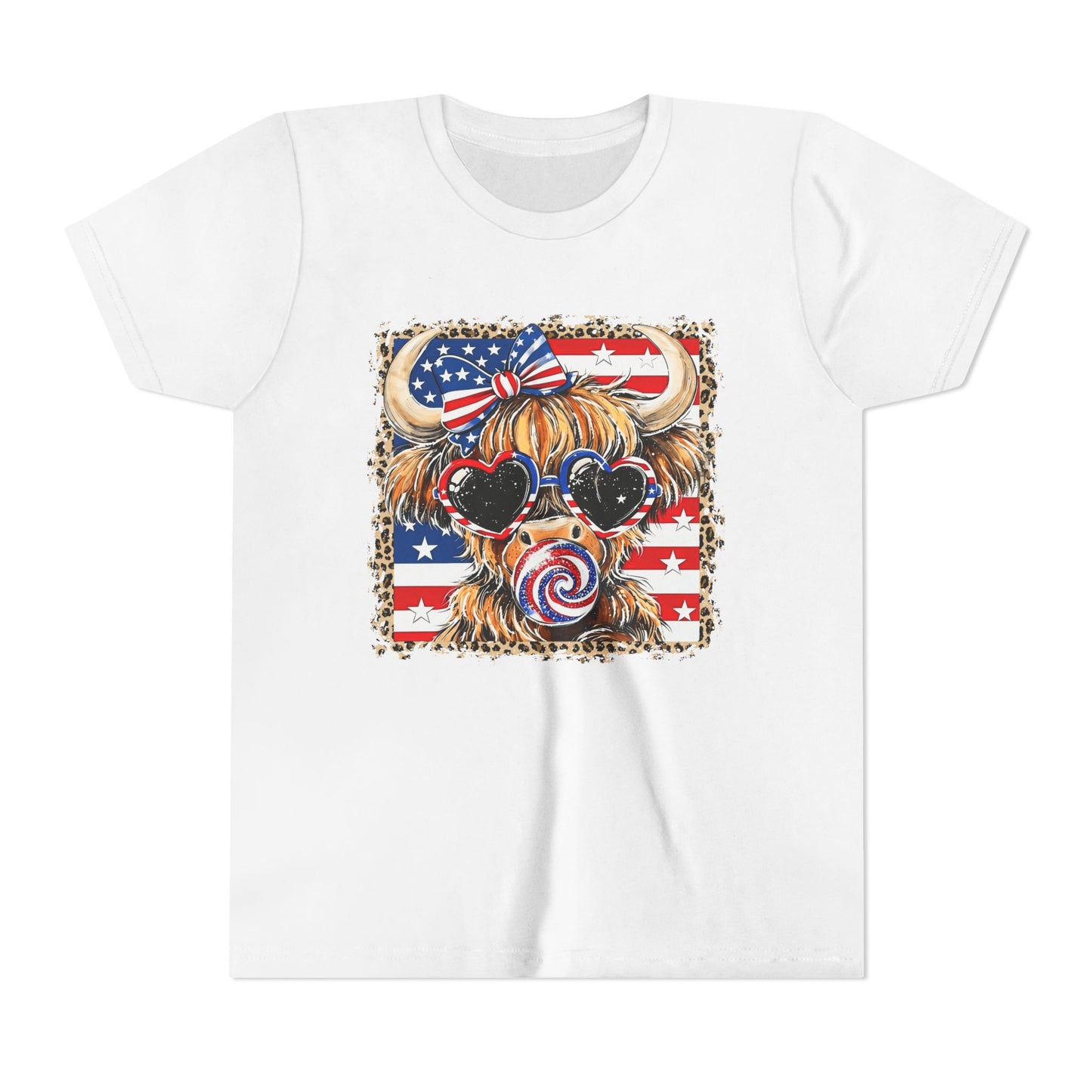 Patriotic Highland Cow Youth Tee — American Flag Bow & Heart Sunglasses