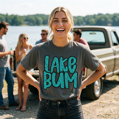 Lake Bum T-Shirt — Retro Teal Script Graphic for Lake Lovers