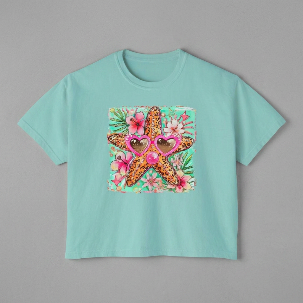 Starfish Sunglasses Boxy Tee — Tropical Floral Women's Crop T-Shirt
