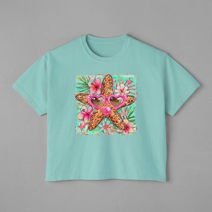 Starfish Sunglasses Boxy Tee — Tropical Floral Women's Crop T-Shirt