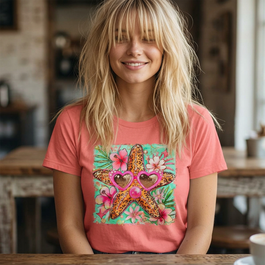 Starfish Sunglasses Boxy Tee — Tropical Floral Women's Crop T-Shirt