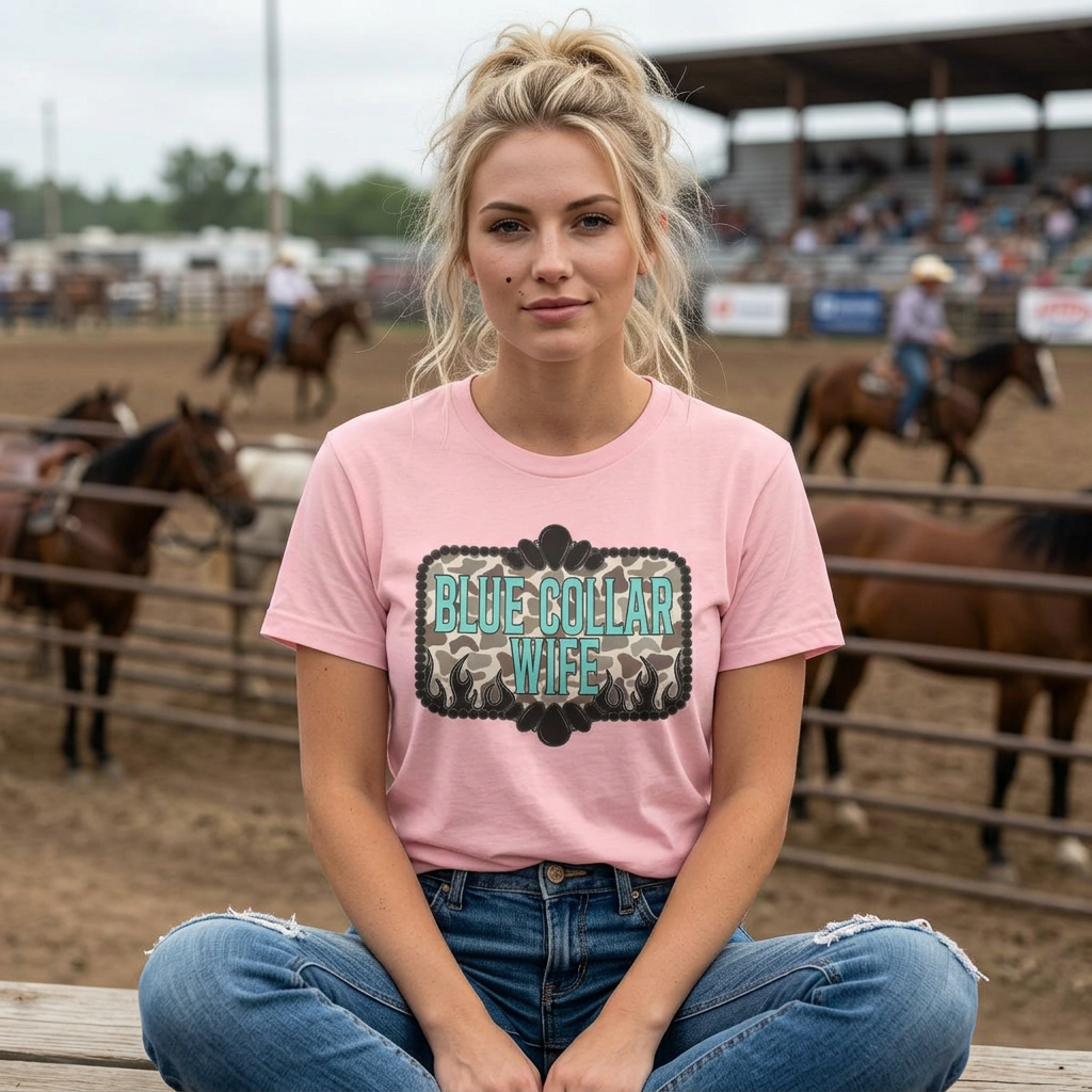 Blue Collar Wife T-Shirt — Rustic Camo Graphic Tee for Pride & Everyday Wear