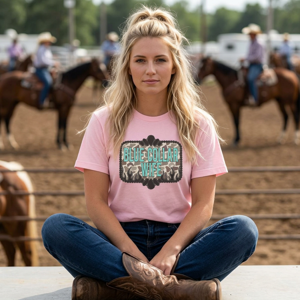 Blue Collar Wife T-Shirt — Rustic Camo Graphic Tee for Pride & Everyday Wear