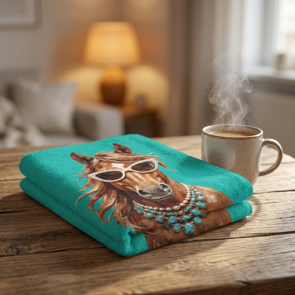 Glam Horse Velvet Microfiber Blanket — Turquoise Horse with Sunglasses & Necklace