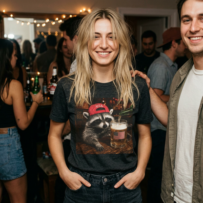 Raccoon Drinking Beer Graphic Tee – USA Flag Pint