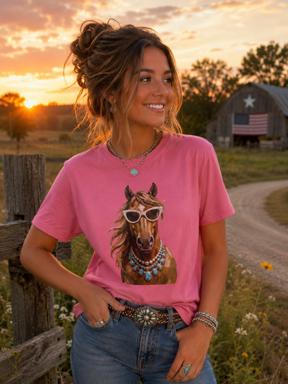 Horse Portrait T‑Shirt — Chic Horse in Sunglasses & Turquoise Necklace