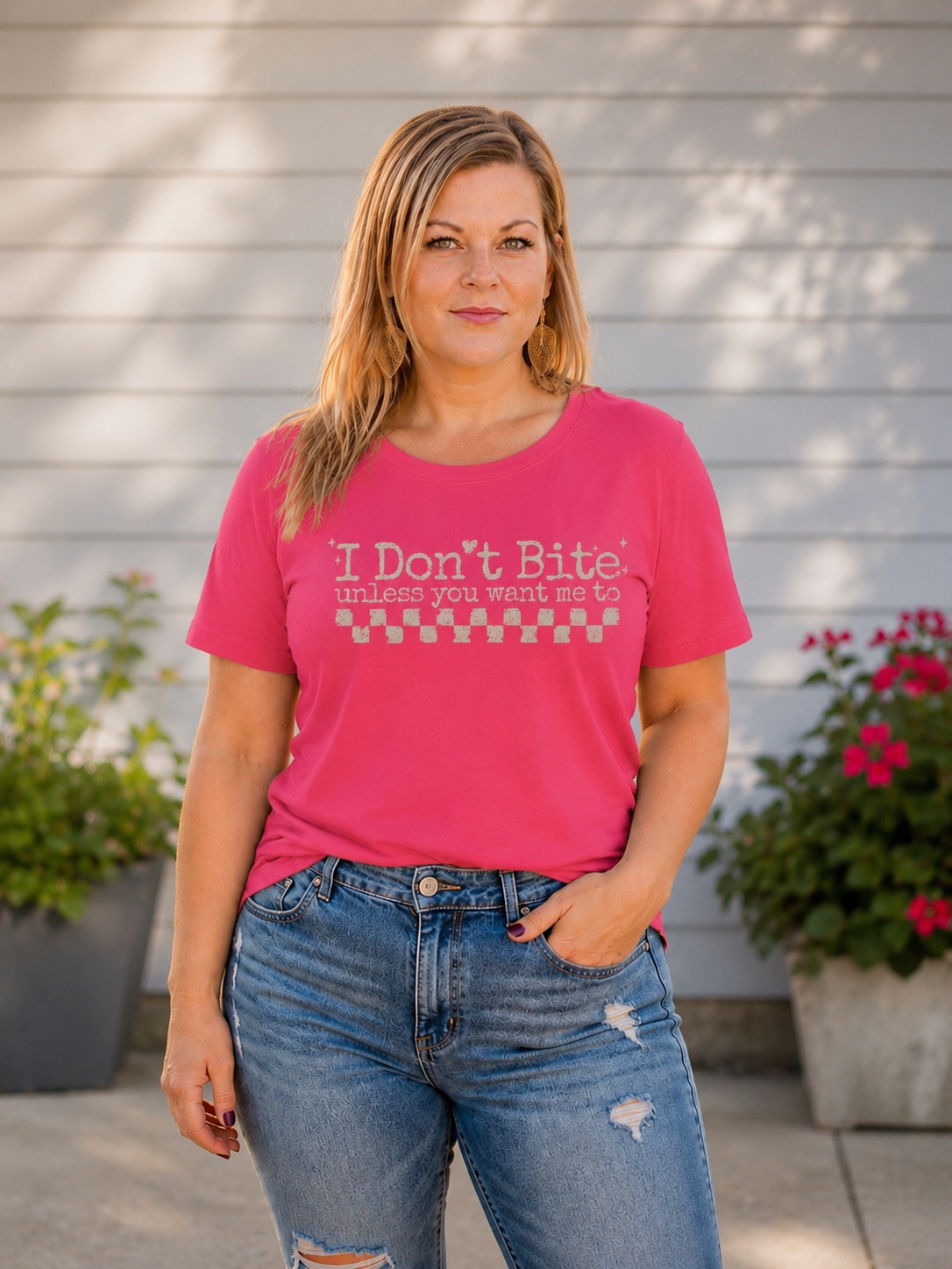 I Don't Bite Checkered Graphic Tee - Playful Pastel T-Shirt