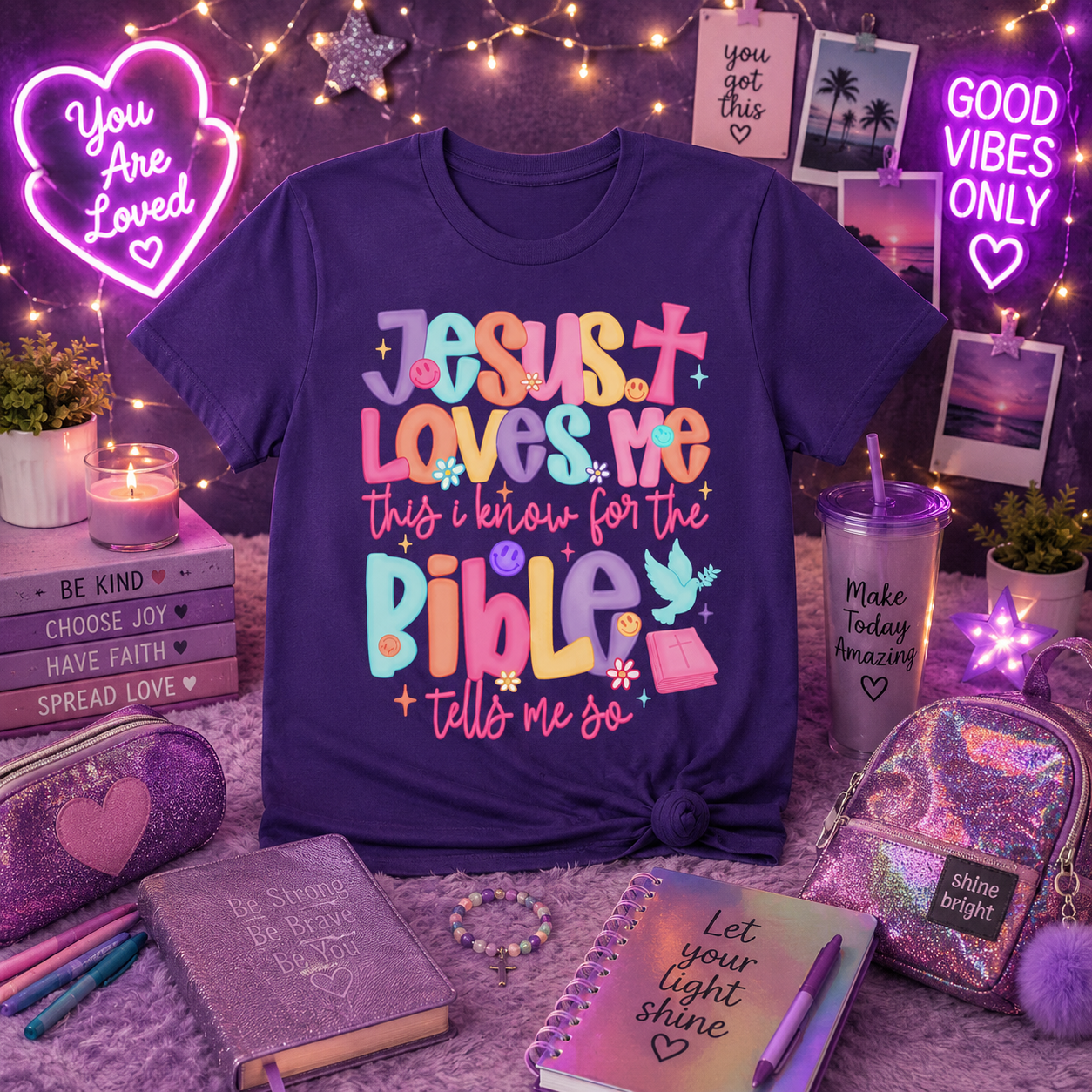 Youth Christian Tee — "Jesus Loves Me" Colorful Bible Kids Shirt