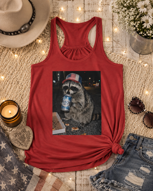 Raccoon Drinking Beer Tank Top – Funny Retro Animal Graphic Racerback