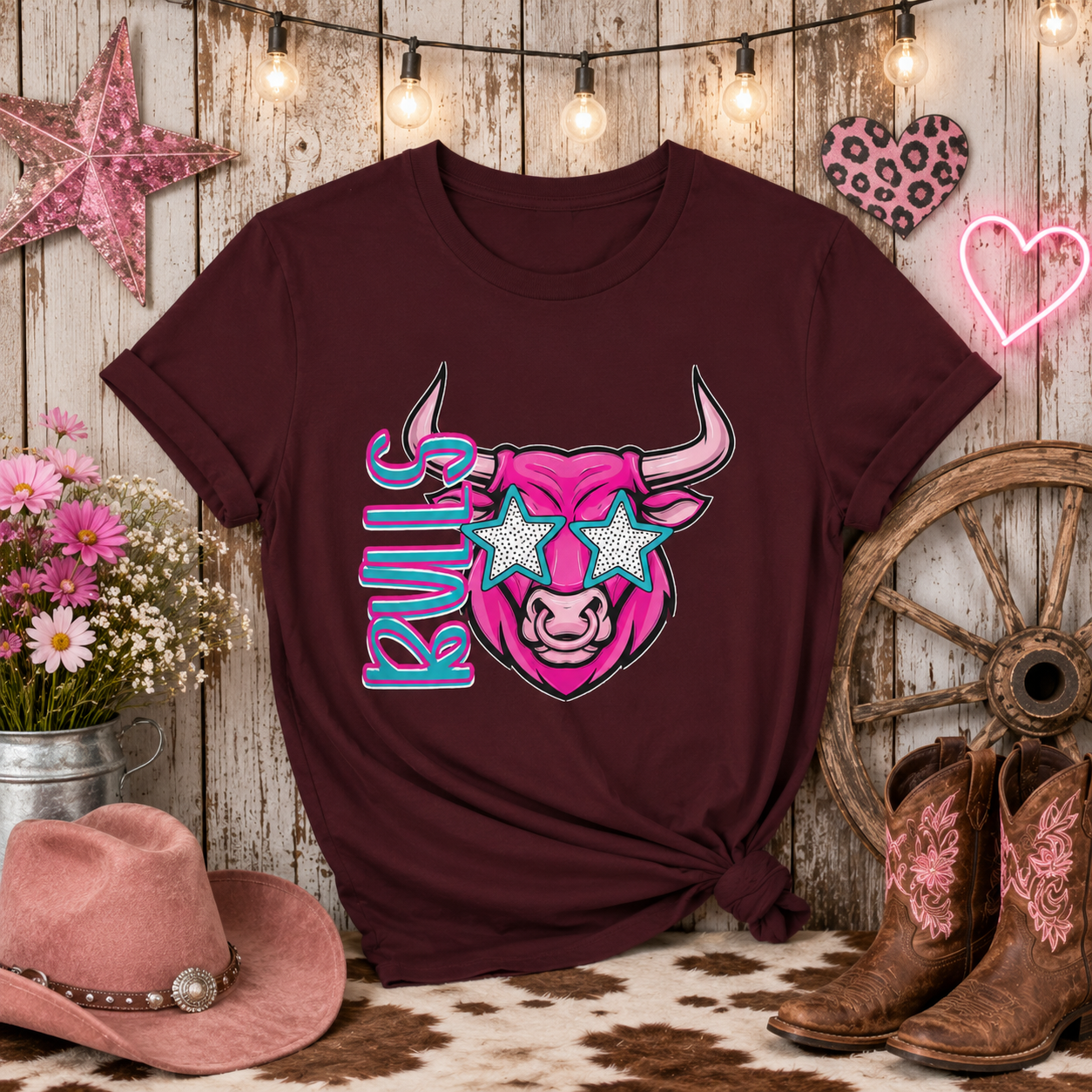 Bull Graphic Tee - Pink Star Sunglasses Western Cowboy Shirt