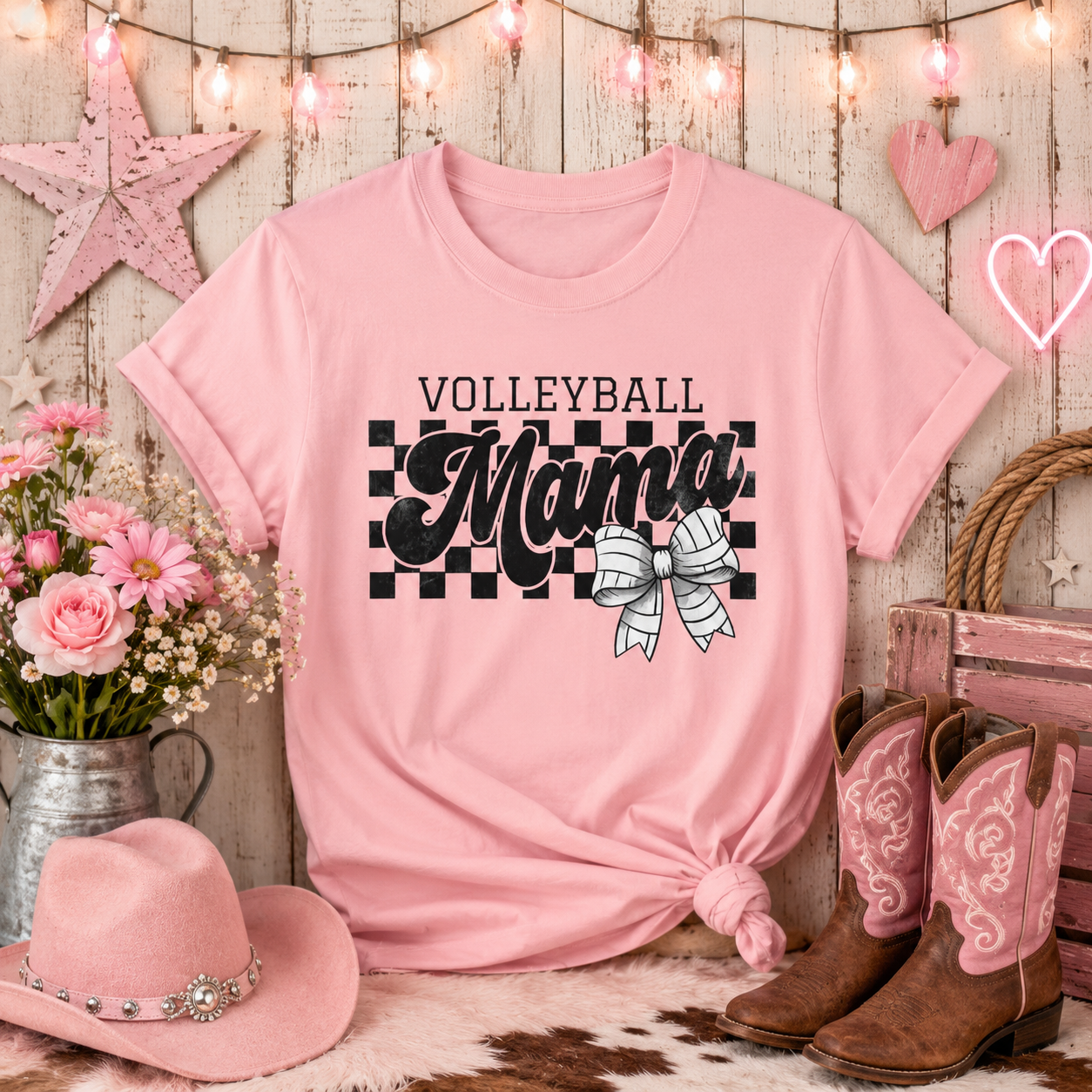 Volleyball Mama Tee – Checkerboard & Bow Graphic Shirt