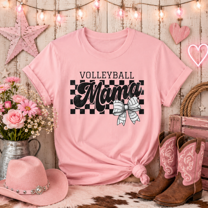 Volleyball Mama Tee – Checkerboard & Bow Graphic Shirt
