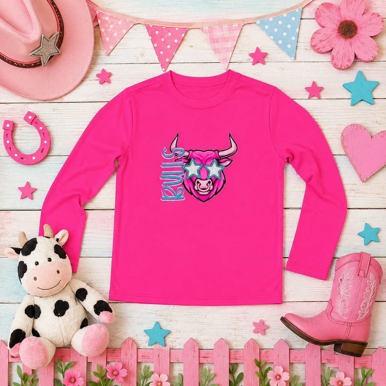 Youth Long Sleeve Tee — Neon Bull Graphic "Built" Sports Shirt