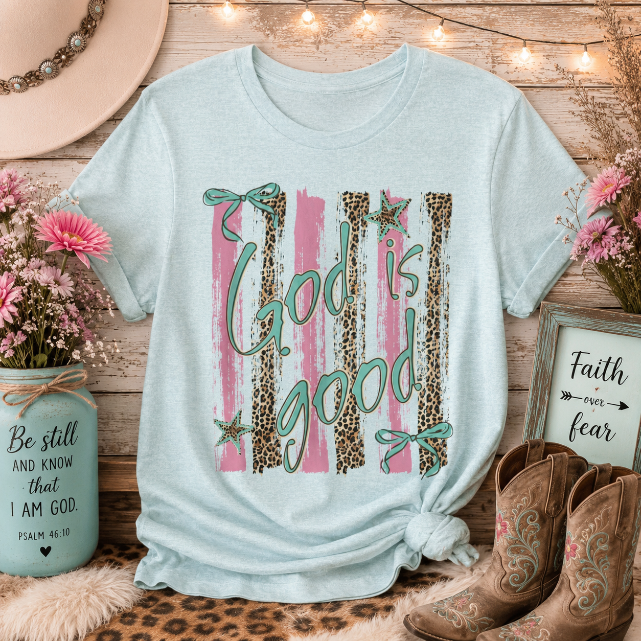 God Is Good T‑Shirt — Pastel Leopard Striped Faith Tee