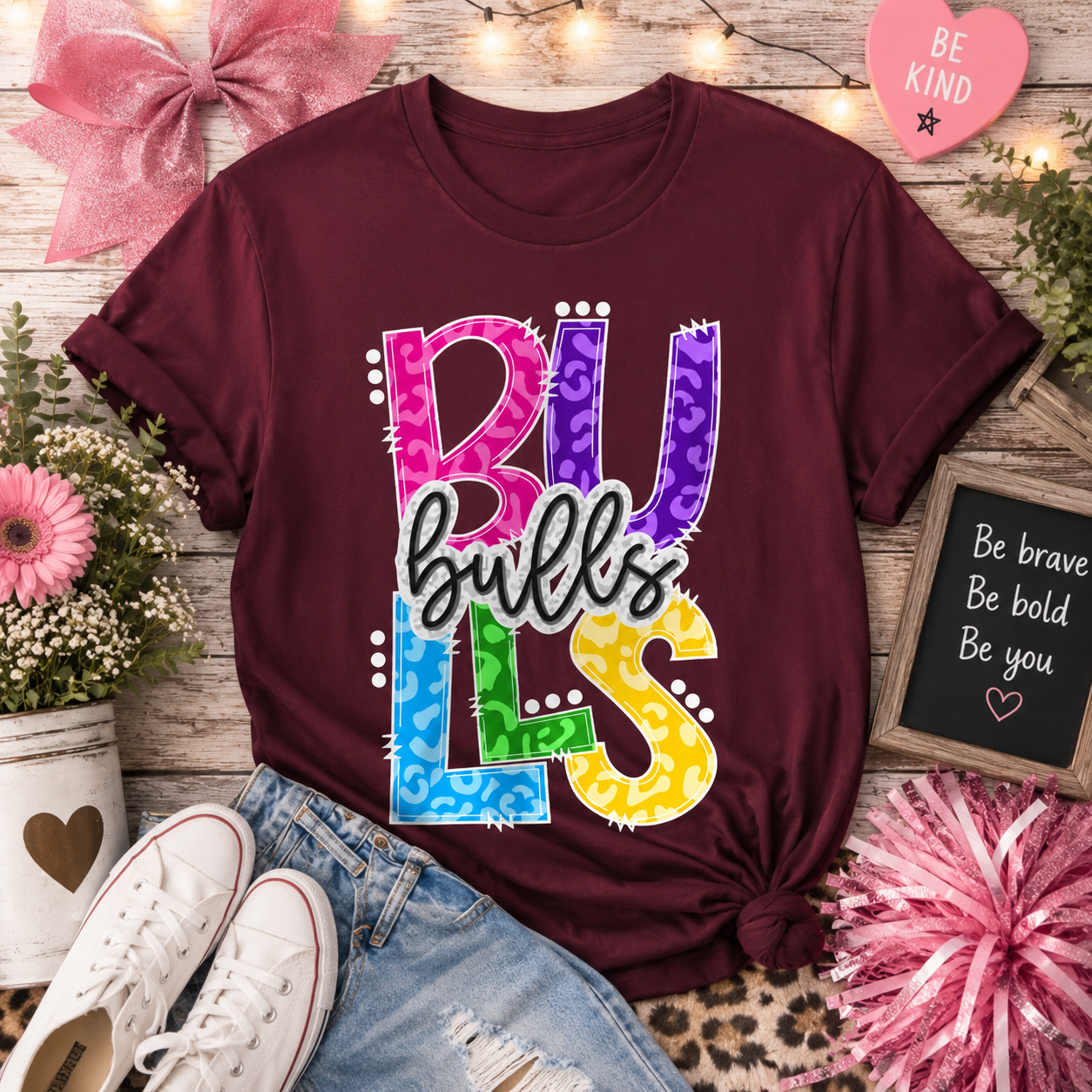 BU Bulls Colorful Leopard Print Tee — Rainbow School Spirit Shirt