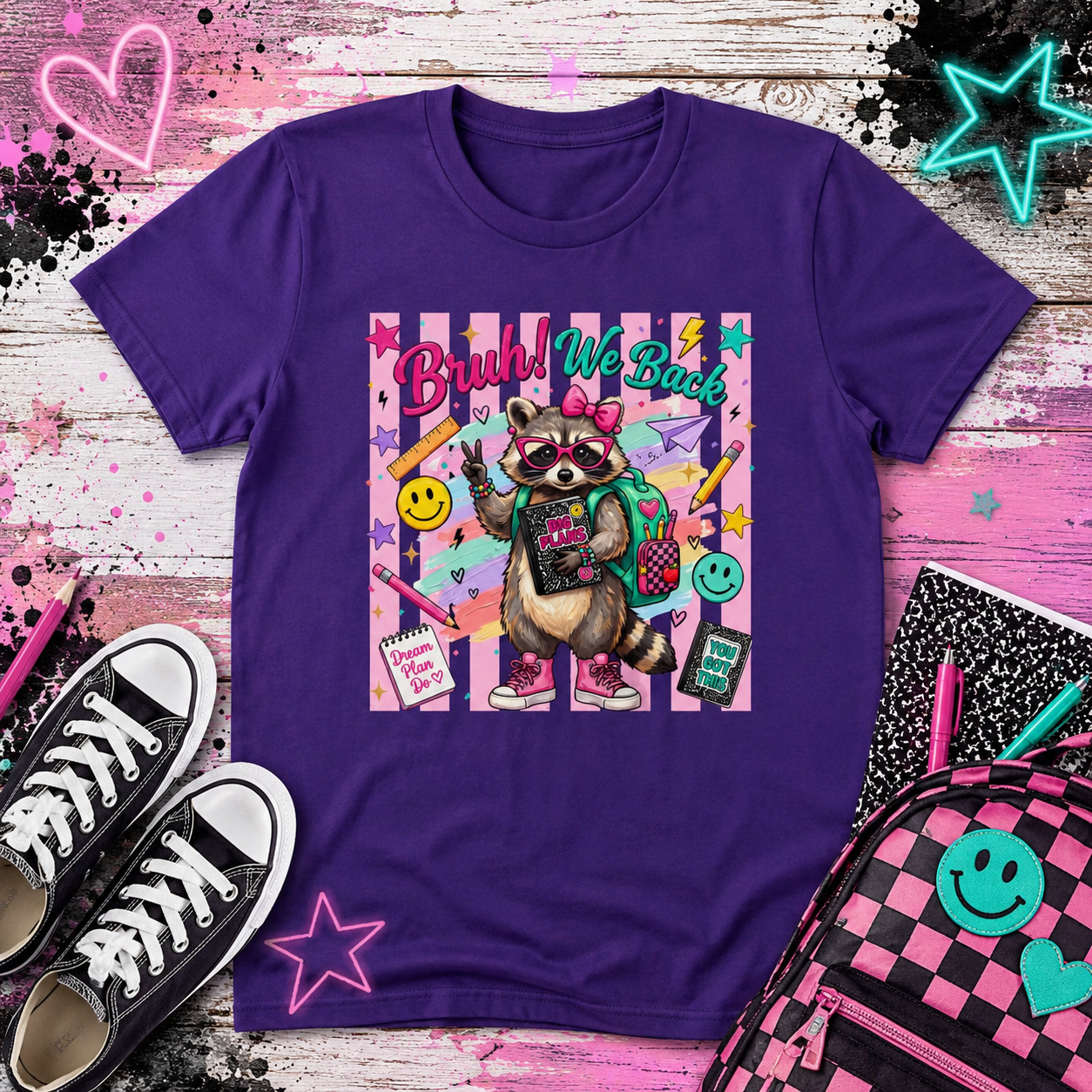 Youth Tee — “Brush We Back” Raccoon Art School Supplies Graphic