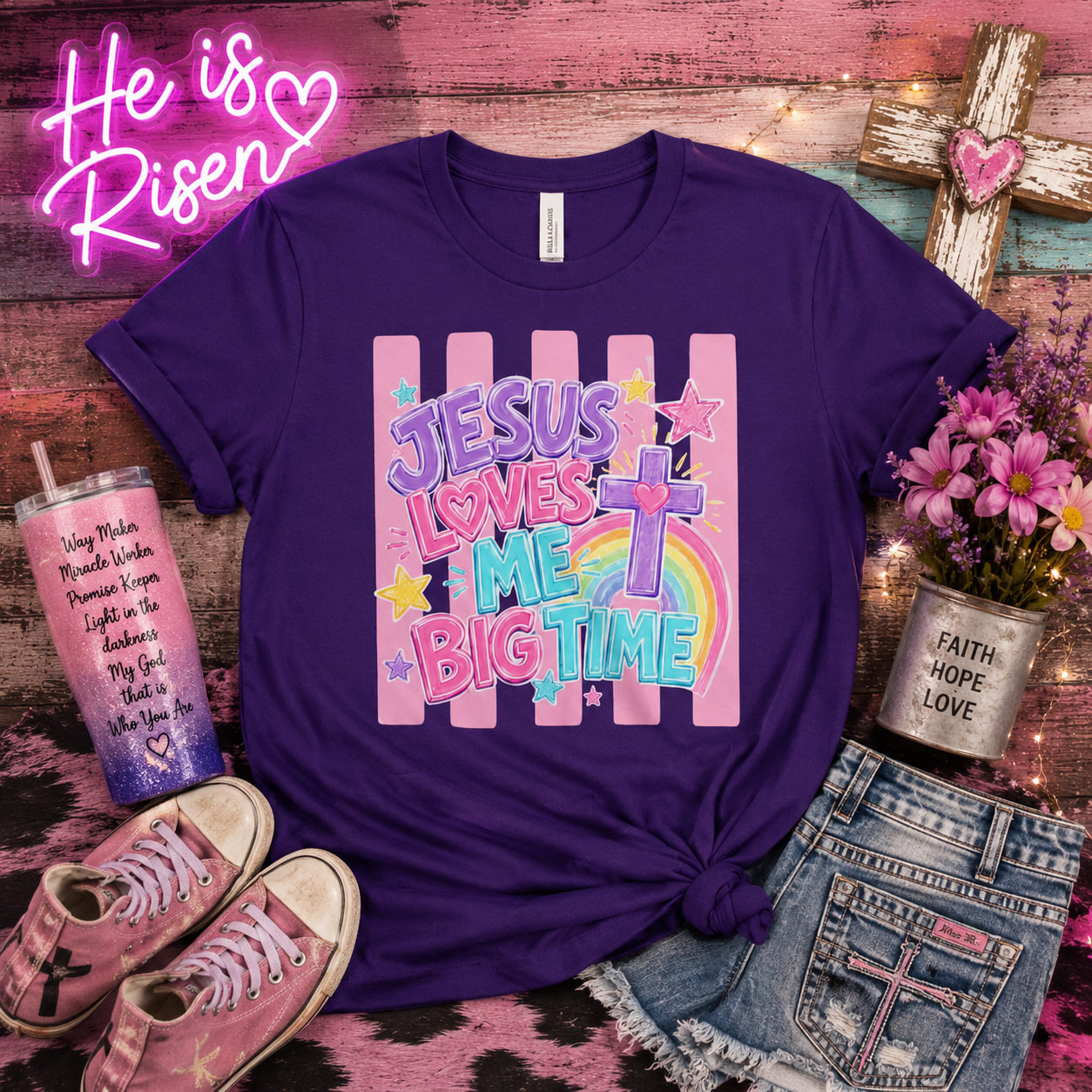 Youth Tee — "Jesus Loves Me Big Time" Colorful Rainbow Cross Kids Shirt