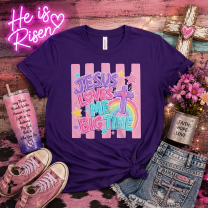 Youth Tee — "Jesus Loves Me Big Time" Colorful Rainbow Cross Kids Shirt