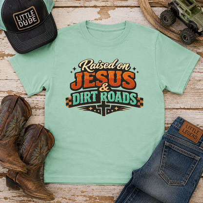 Youth Tee - "Raised on Jesus & Dirt Roads" Christian Country Graphic Shirt