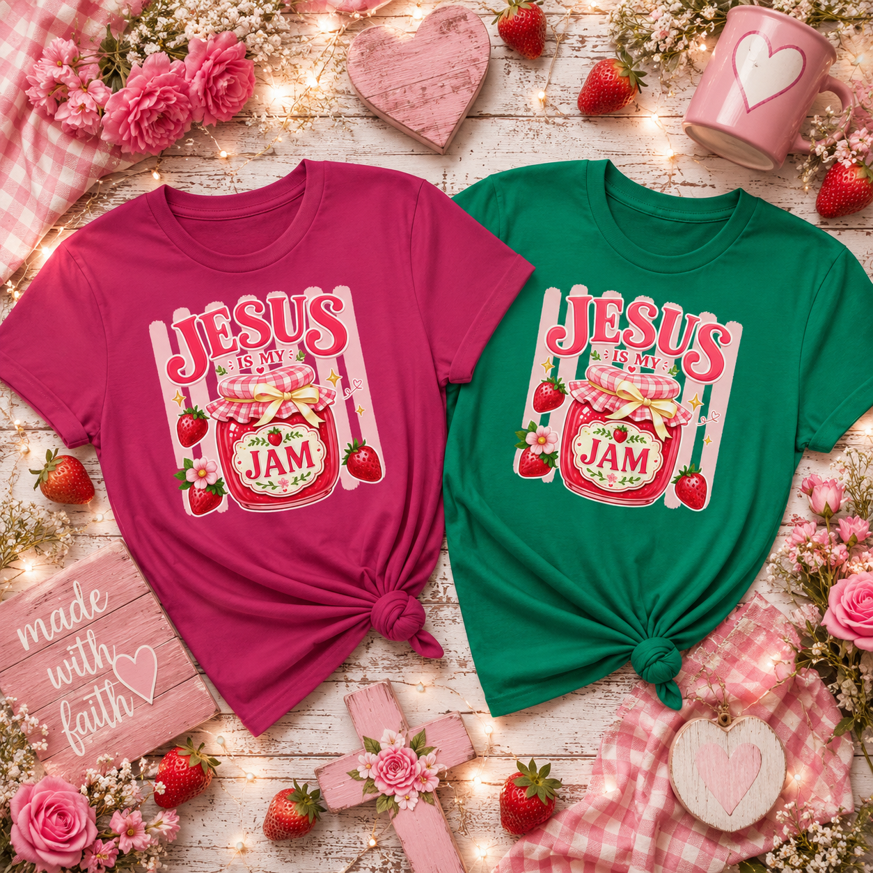 Youth Tee — "Jesus Is My Jam" Strawberry Faith Graphic