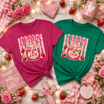 Youth Tee — "Jesus Is My Jam" Strawberry Faith Graphic