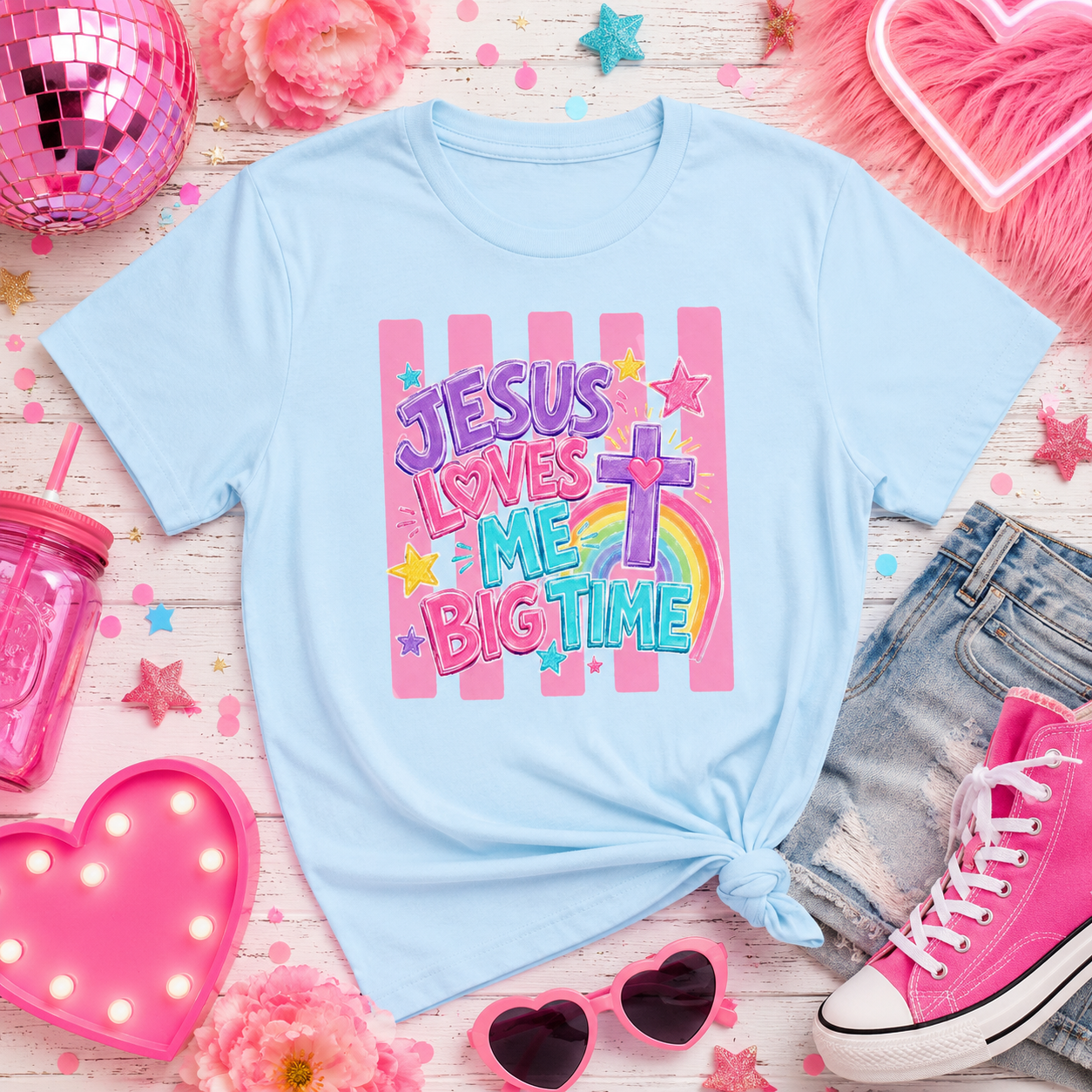 Youth Tee — "Jesus Loves Me Big Time" Pastel Christian Kids Shirt