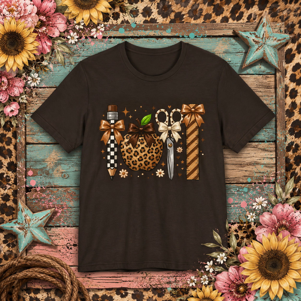 Leopard Apple & School Tools Teacher T‑Shirt — Back to School Graphic Tee