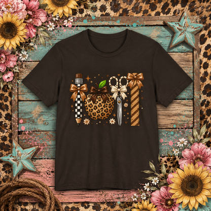 Leopard Apple & School Tools Teacher T‑Shirt — Back to School Graphic Tee