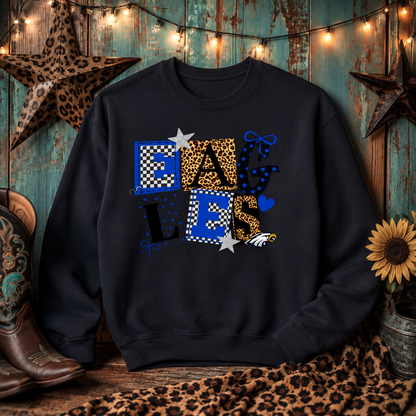 Eagles Patchwork Crewneck Sweatshirt – Blue & Leopard College Spirit
