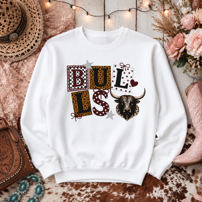 Bullish Western Crewneck Sweatshirt — 'BULLS' Graphic with Leopard Print & Longhorn