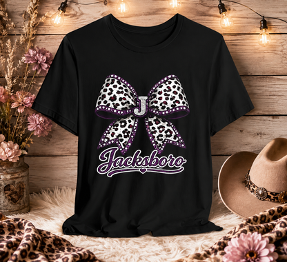 Jacksboro Leopard Bow Tee — 'Jacksboro' Script Short Sleeve Shirt