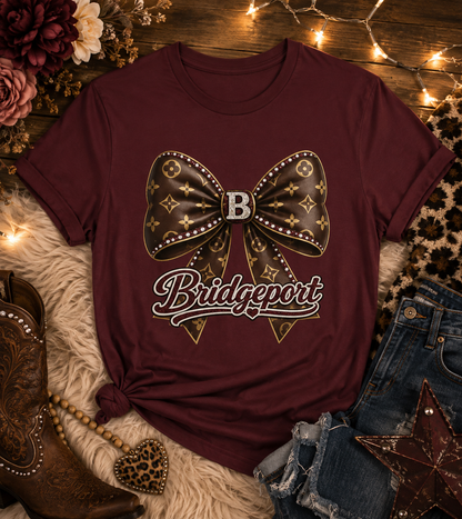 Bridgeport Bow Graphic Tee — Stylish Script Logo Casual Shirt
