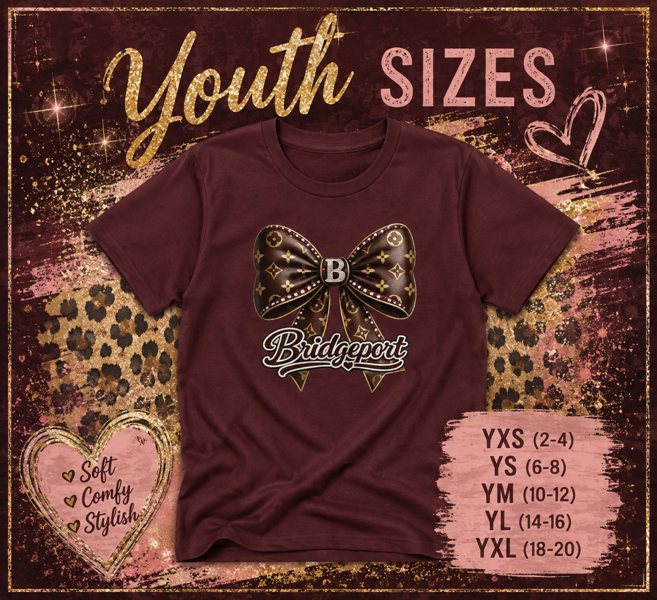 Youth Tee — Brown Designer Bow "Bridgeport" Graphic