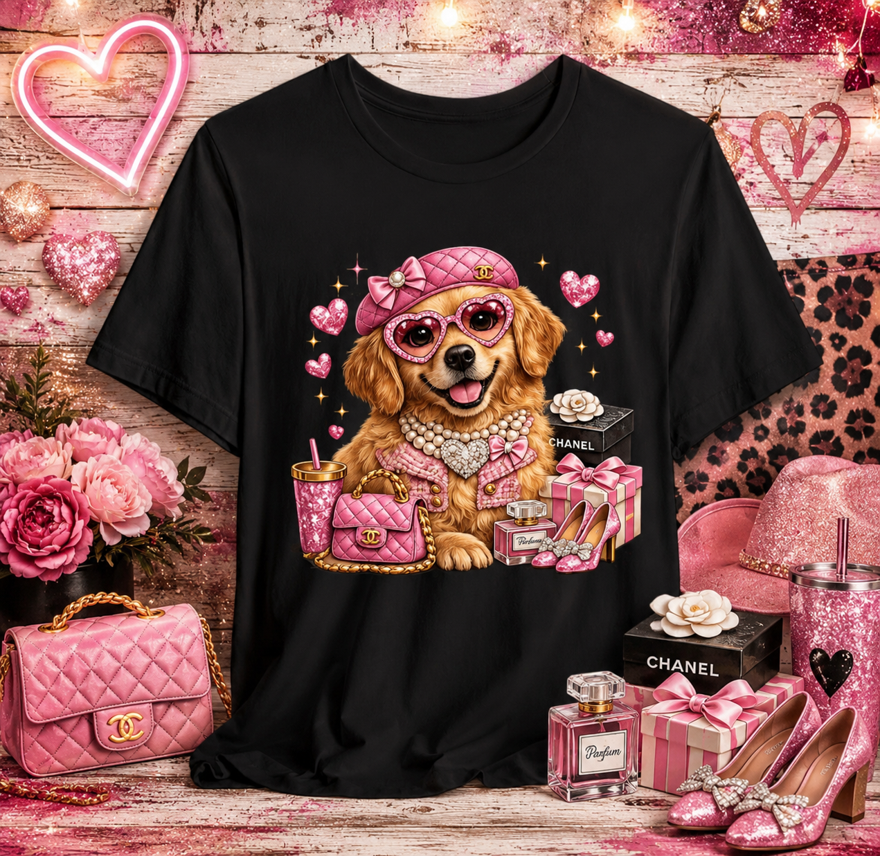 Pink Glam Dog T‑Shirt — Cute Designer Pup with Hearts & Accessories