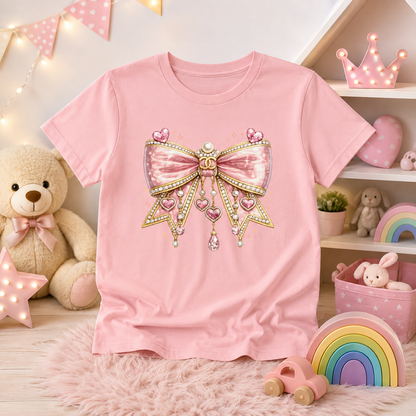 Youth Tee — Pink Jewel Bow Graphic Shirt for Girls, Cute Ribbon Heart Design