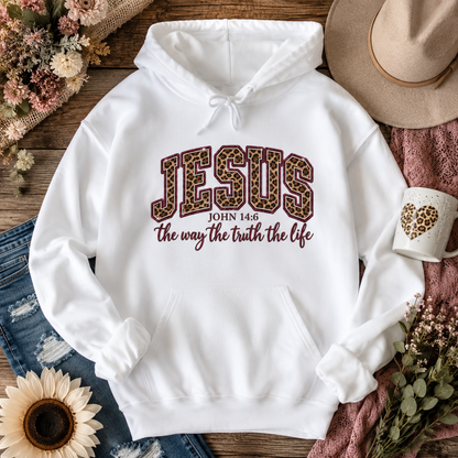 Jesus Leopard Print Hoodie — “John 14:6 The Way The Truth The Life” Christian Pullover