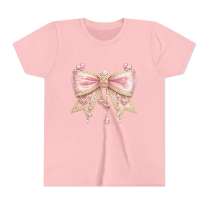 Youth Tee — Pink Jewel Bow Graphic Shirt for Girls, Cute Ribbon Heart Design