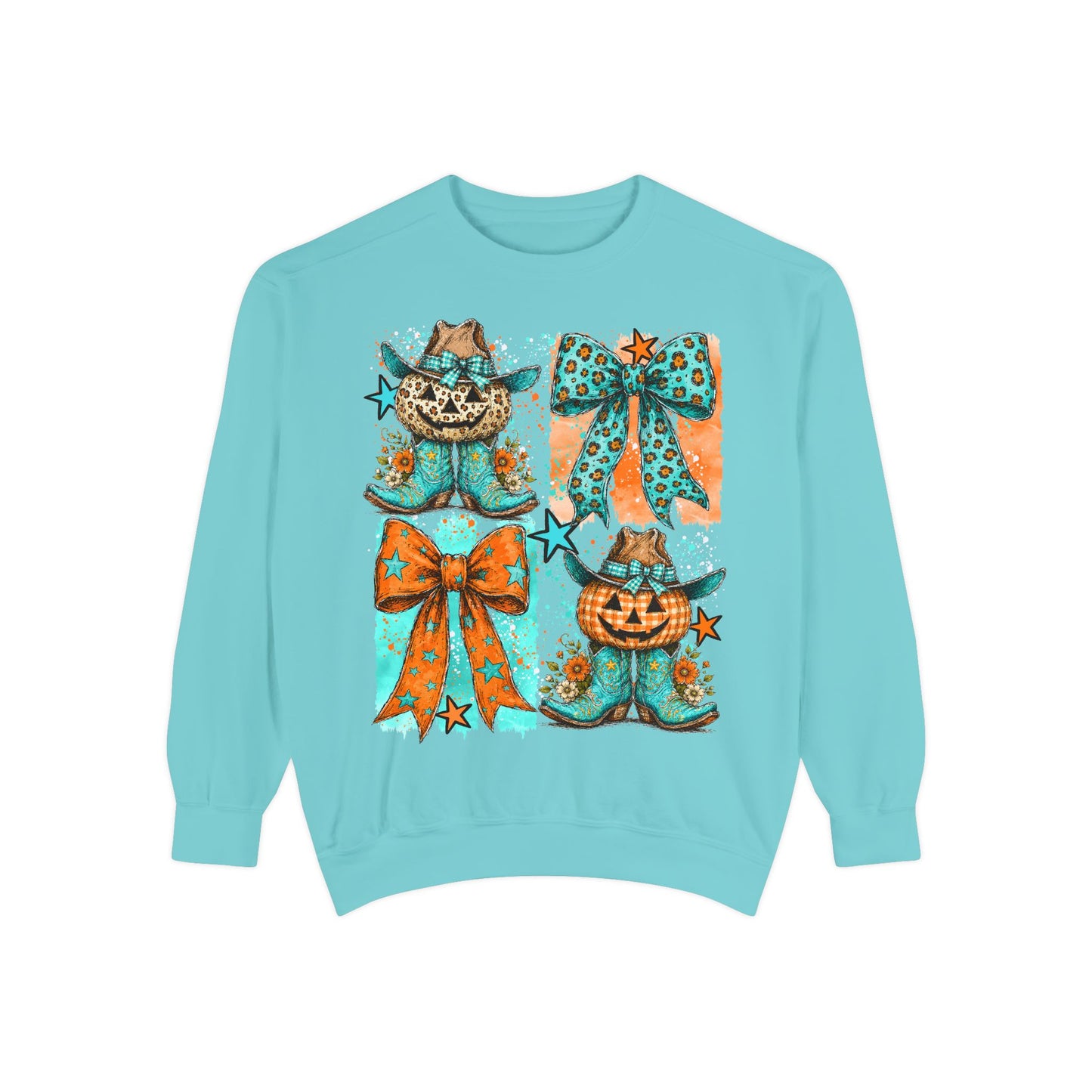 Halloween Cat & Pumpkin Bow Sweatshirt — Cute Teal Orange Fall Graphic
