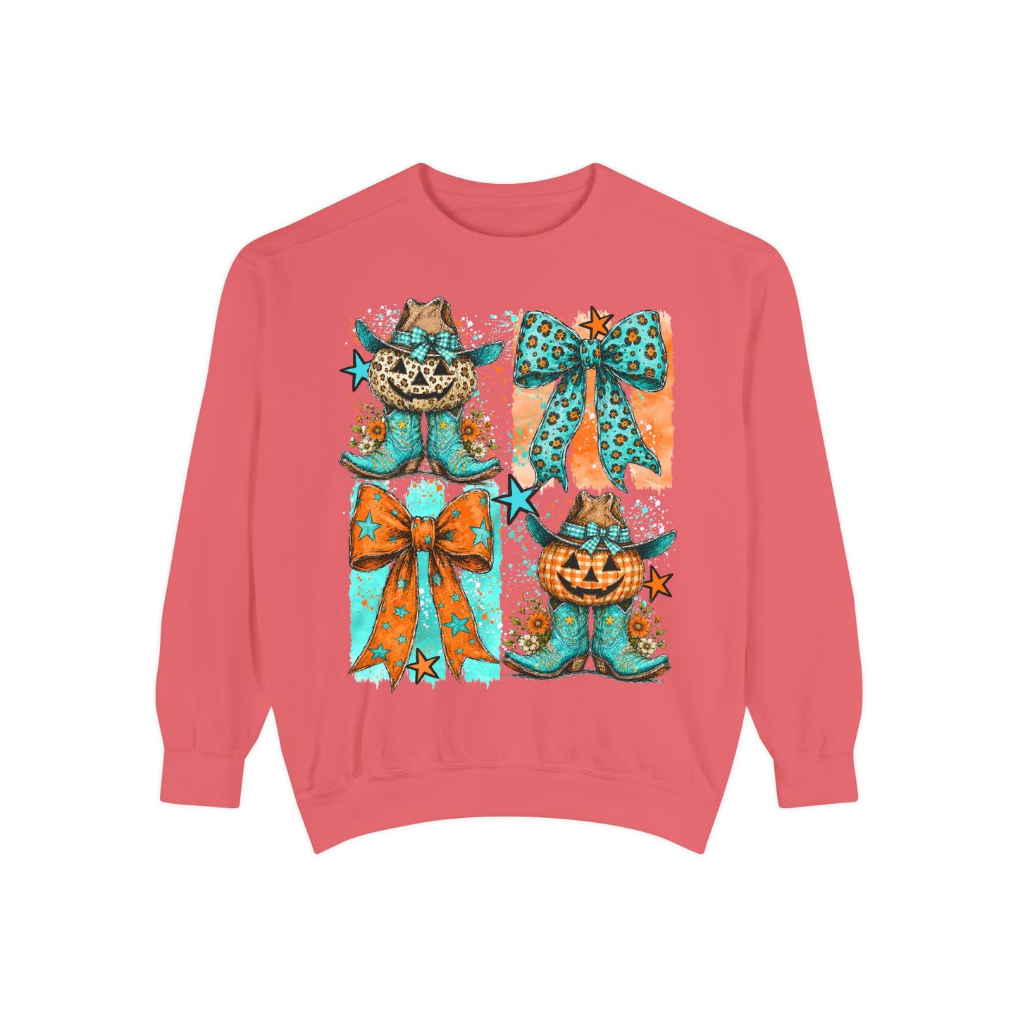Halloween Cat & Pumpkin Bow Sweatshirt — Cute Teal Orange Fall Graphic