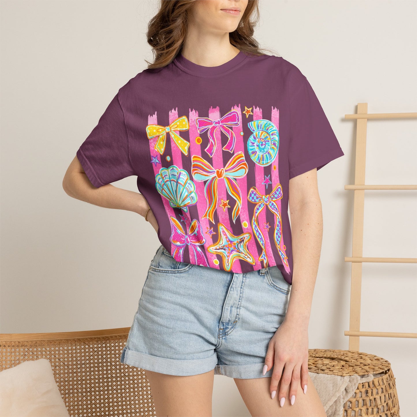 Beach Bow Graphic T-Shirt — Colorful Seashells & Starfish Design