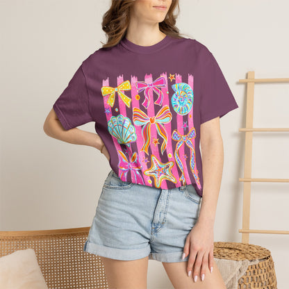 Beach Bow Graphic T-Shirt — Colorful Seashells & Starfish Design