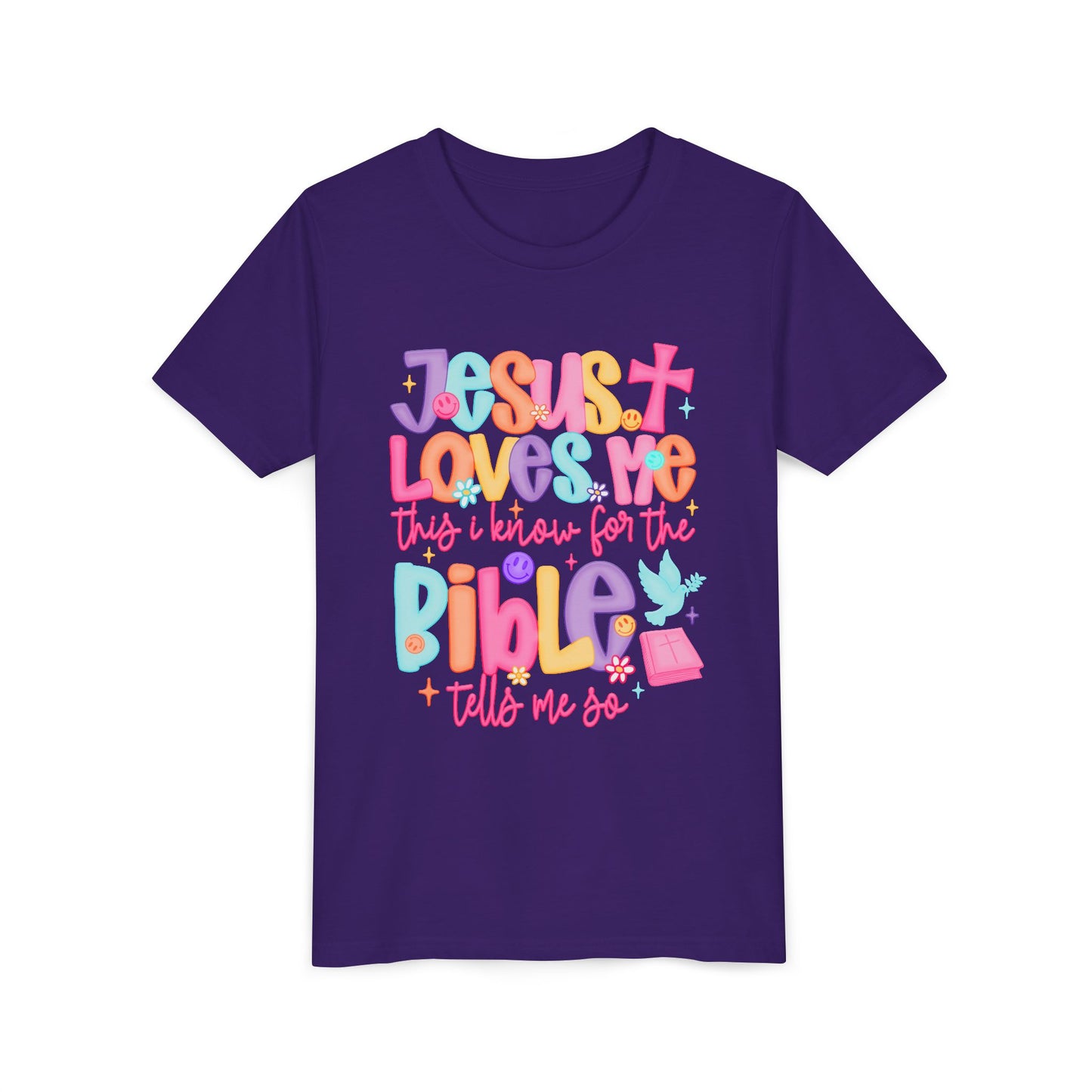 Youth Christian Tee — "Jesus Loves Me" Colorful Bible Kids Shirt