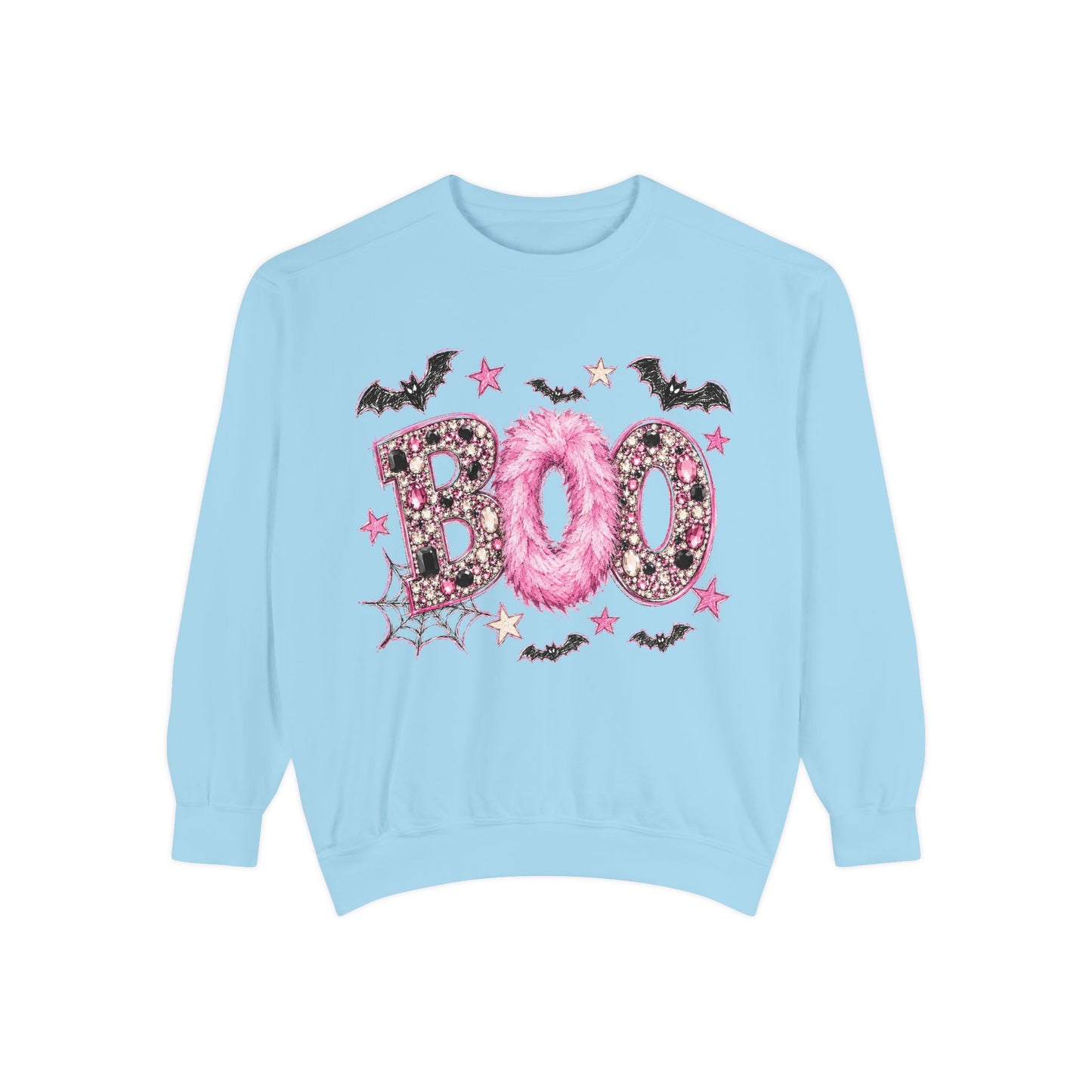 Halloween "BOO" Sweatshirt — Pink Glitter Bat & Spiderweb Graphic