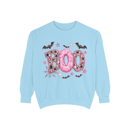 Halloween "BOO" Sweatshirt — Pink Glitter Bat & Spiderweb Graphic