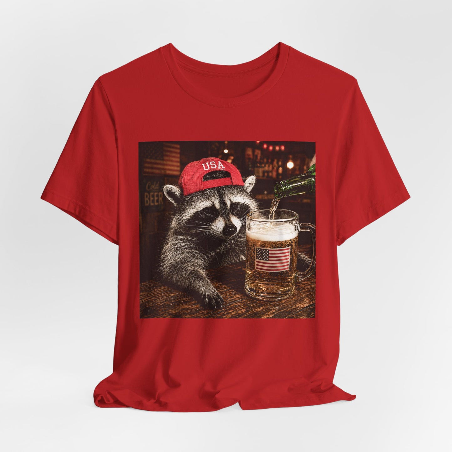 Raccoon Drinking Beer Graphic Tee – USA Flag Pint