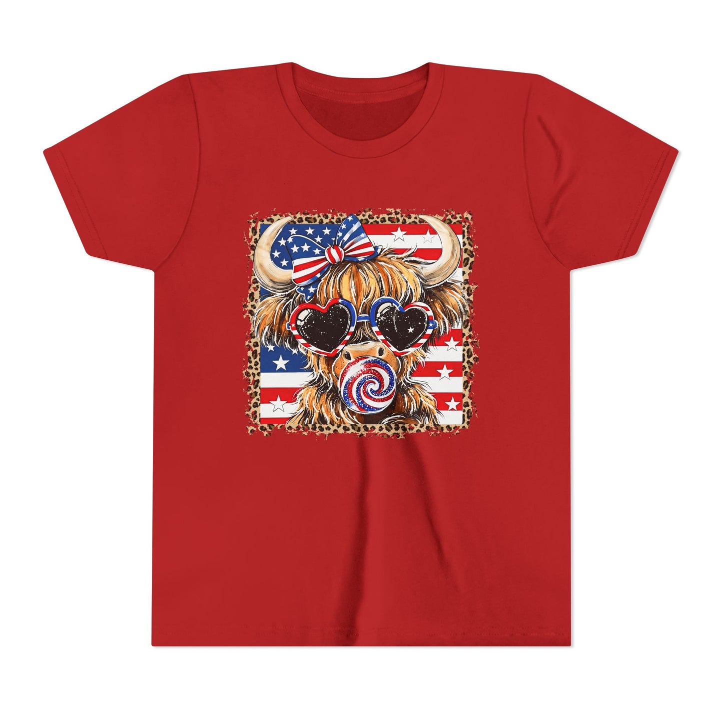 Patriotic Highland Cow Youth Tee — American Flag Bow & Heart Sunglasses