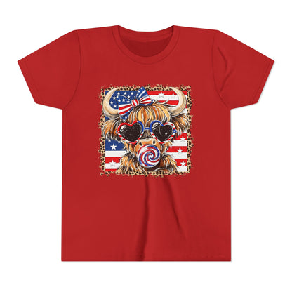 Patriotic Highland Cow Youth Tee — American Flag Bow & Heart Sunglasses